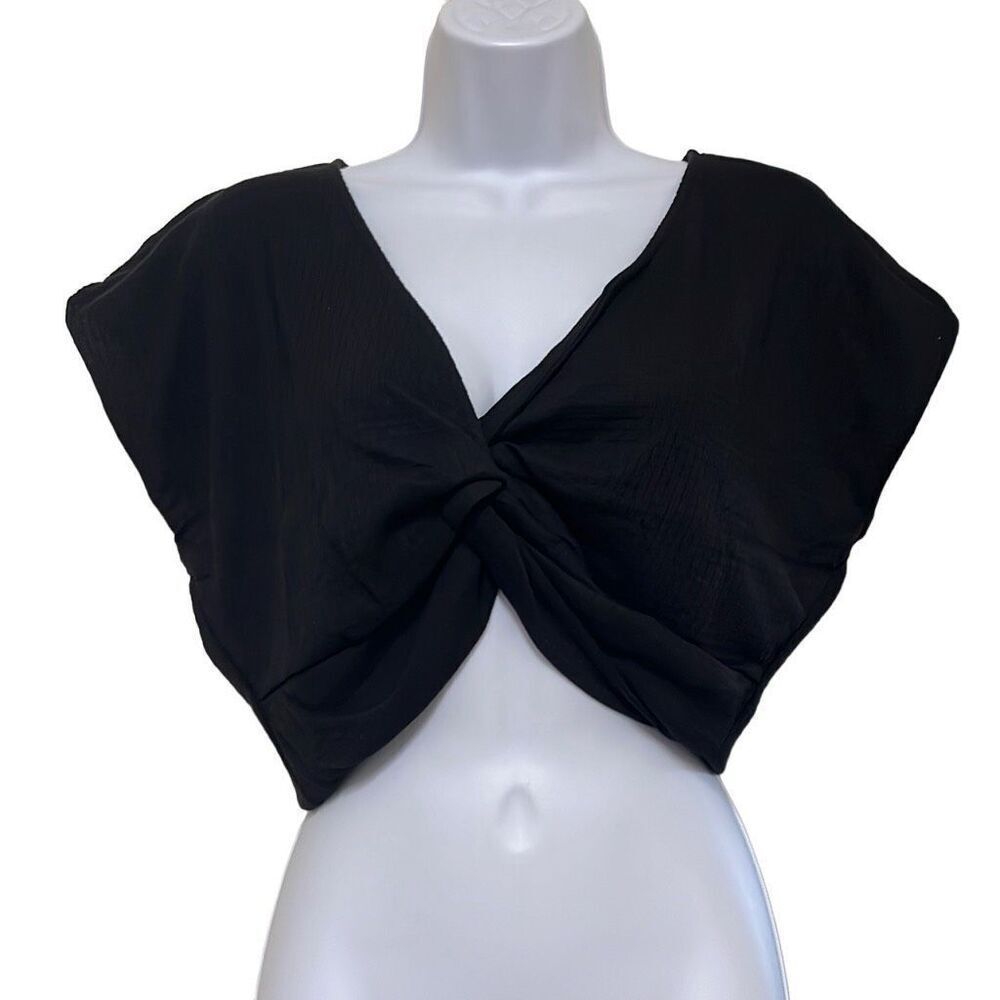 Project Social T Easy Breezy Crop Top Black Plunge Neck‎ Twist Front Med NWT $68